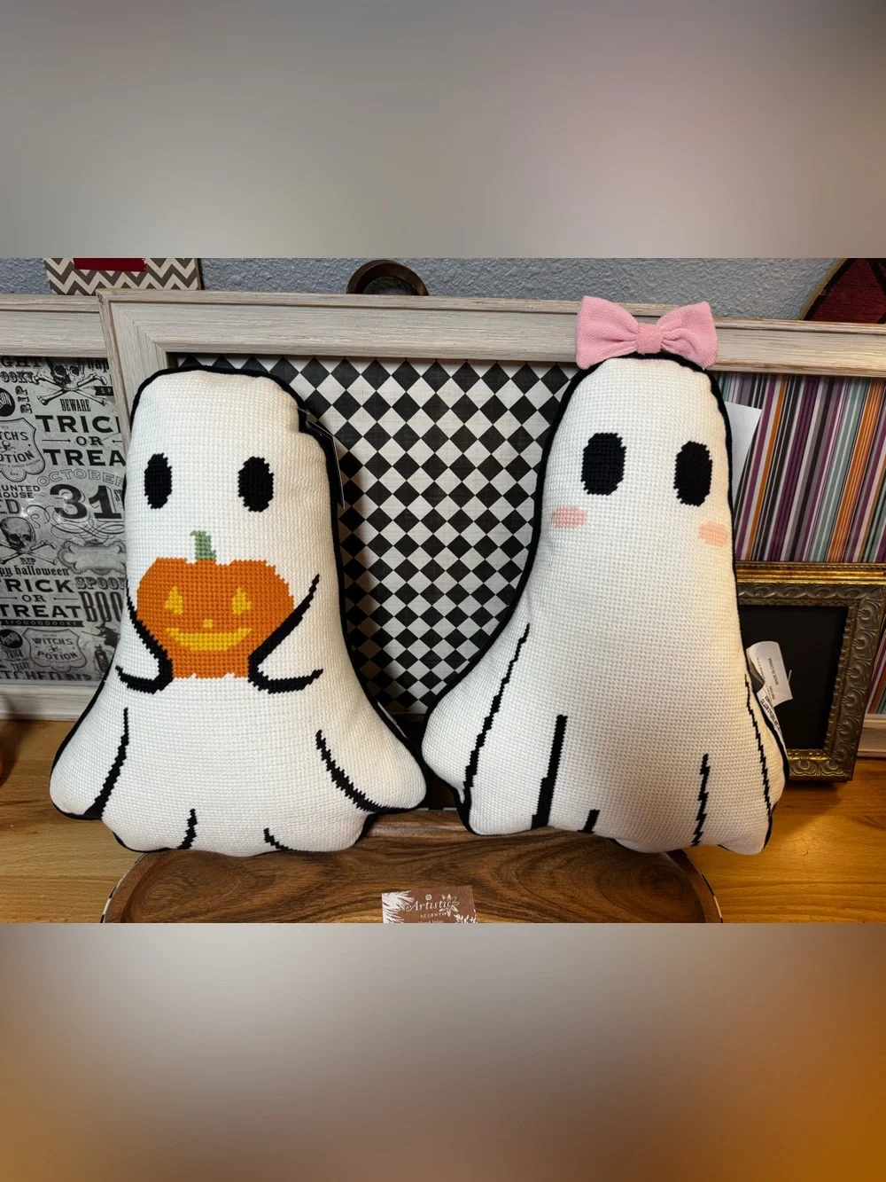 Martha Stewart White Ghost Plush Pillow Duo with Pink Bow